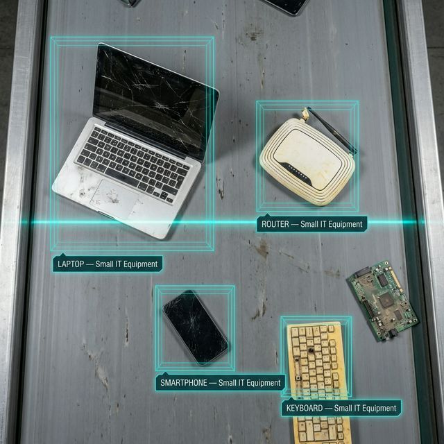 Top-down view of e-waste items on conveyor belt with AI classification overlays
