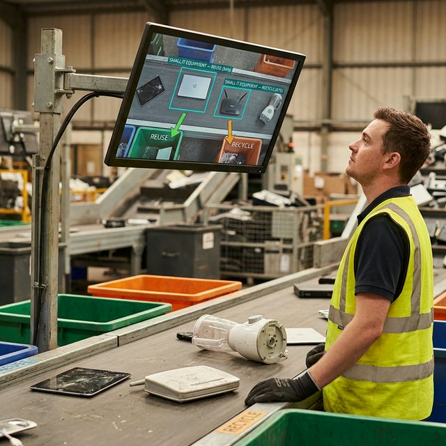 Alternative angle of operator workstation with dual displays for WEEE classification