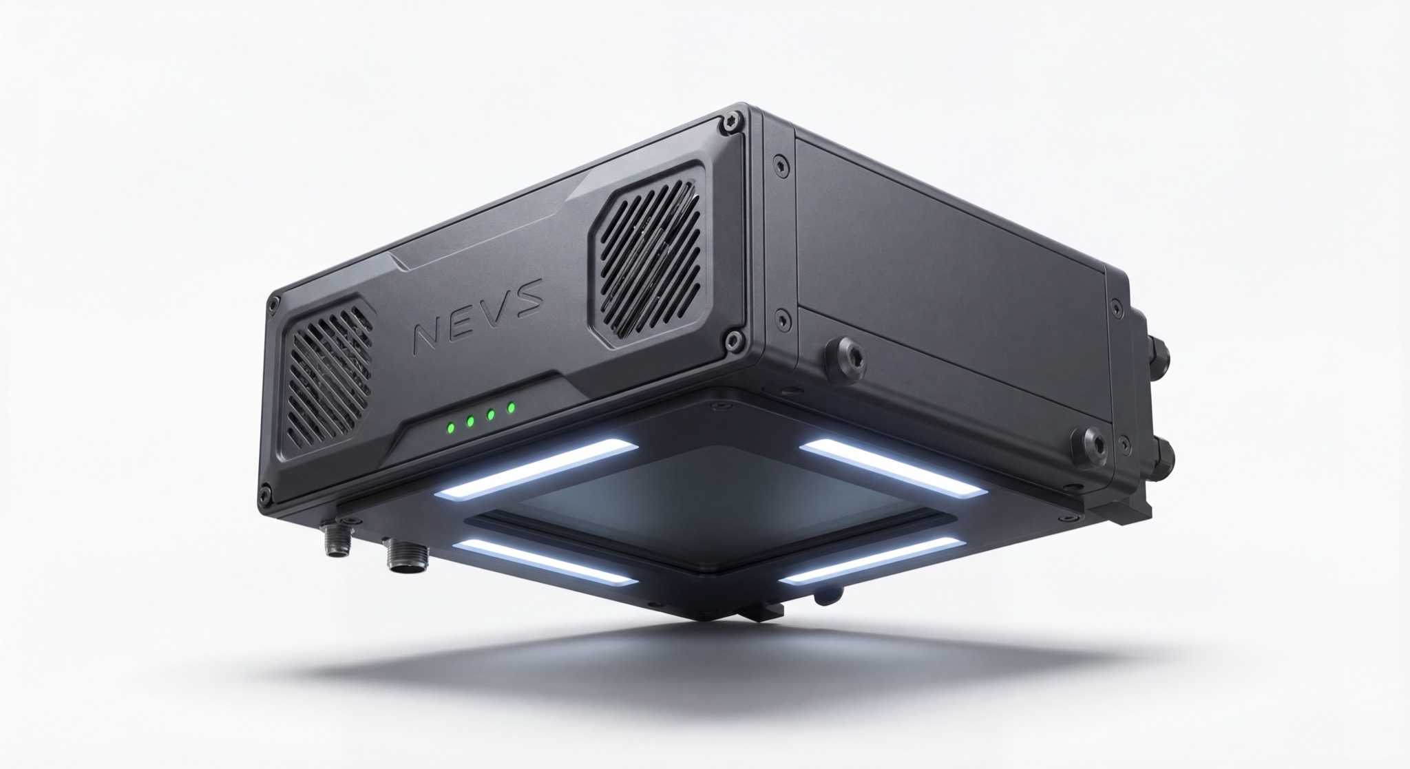 WEEE sorting facility with AI-powered conveyor line, overhead 3D cameras, and industrial displays guiding operators on e-waste classification