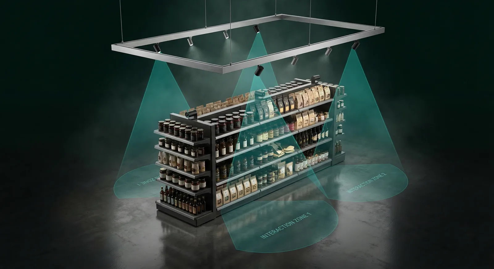 LaunchIQ launch kit: overhead cameras covering the interaction zones around a product display