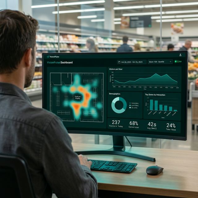 VisionPulse dashboard interface showing real-time visitor analytics, dwell time charts, and zone heatmaps