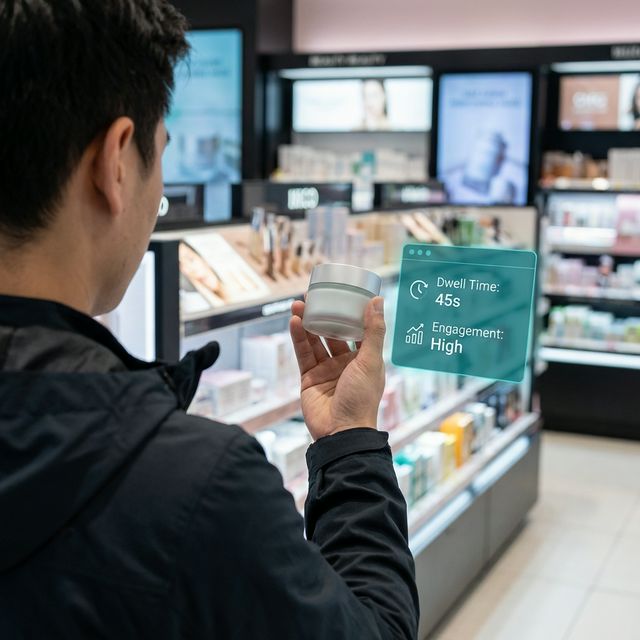 Shopper holding product with AI-generated engagement data overlay showing dwell time and engagement level